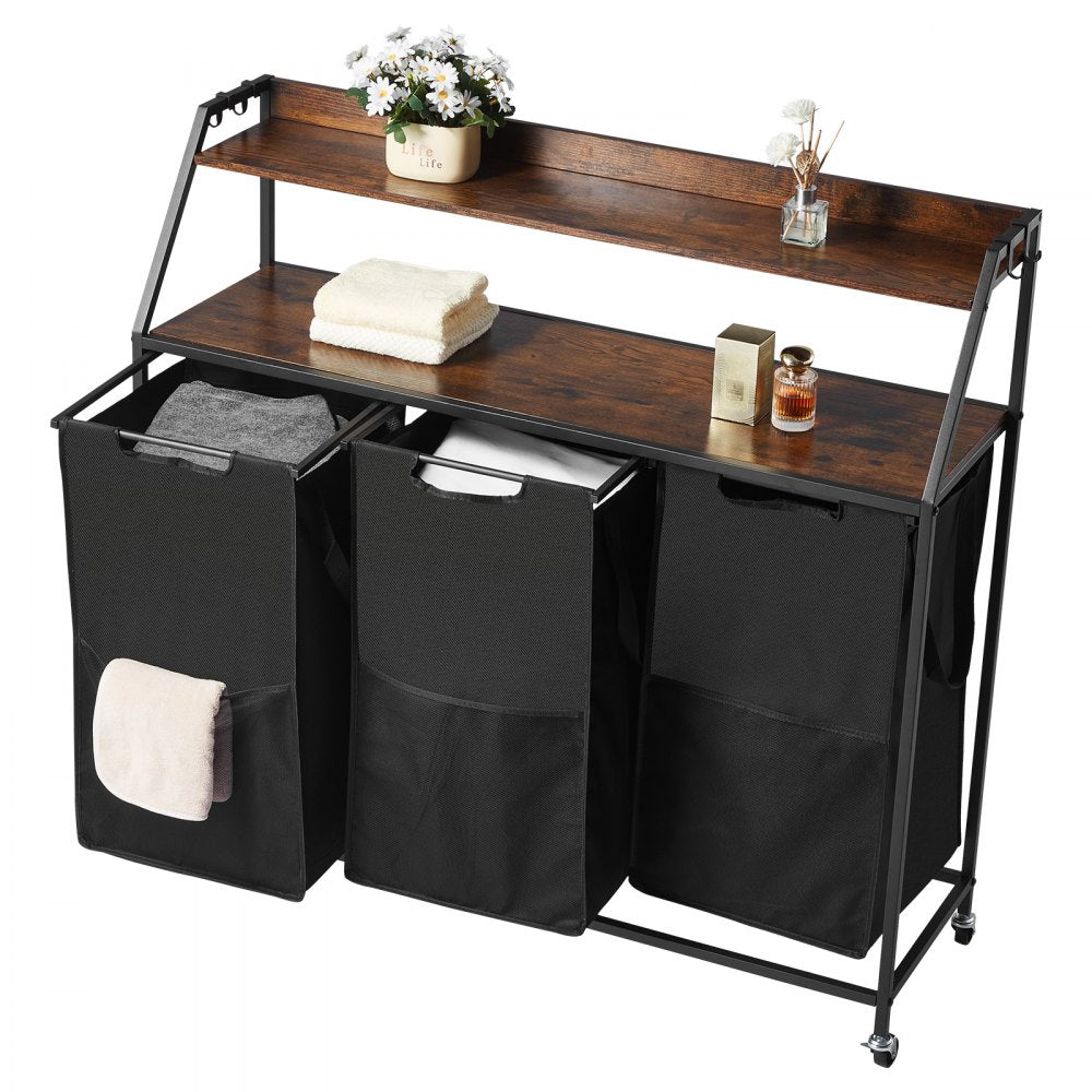 VEVOR 2 Tiers Laundry Sorter, Tall Laundry Hamper with Metal Frame and Wooden Tabletop, 3 Section Rolling Basket Organizer Storage with Ladder Shelves and 600D Oxford Cloth Bags for Dirty Clothes