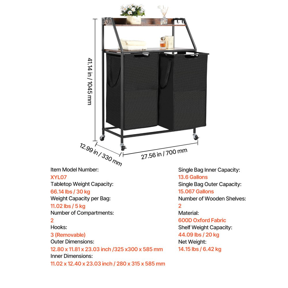 VEVOR 2 Tiers Laundry Sorter, Tall Laundry Hamper with Metal Frame and Wooden Tabletop, 2 Section Rolling Basket Organizer Storage with Ladder Shelves and 600D Oxford Cloth Bags for Dirty Clothes