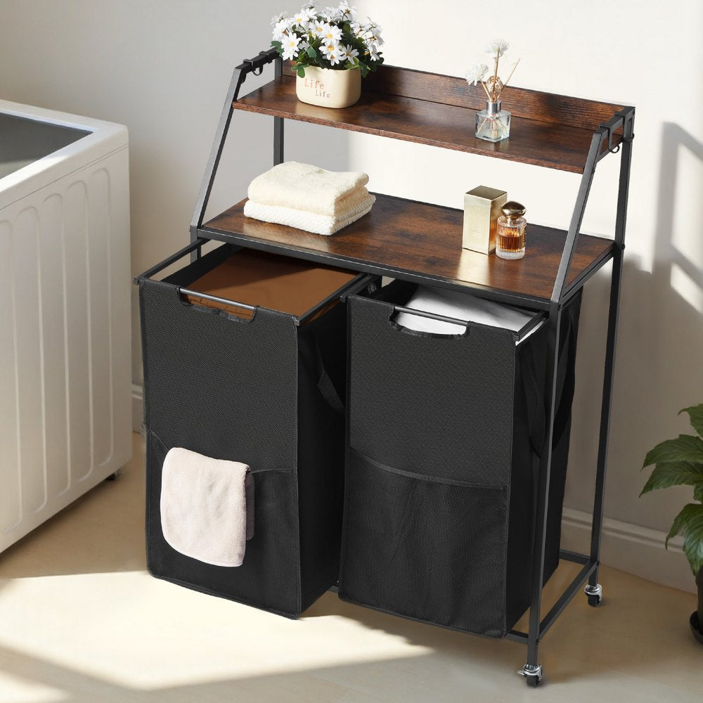 VEVOR 2 Tiers Laundry Sorter, Tall Laundry Hamper with Metal Frame and Wooden Tabletop, 2 Section Rolling Basket Organizer Storage with Ladder Shelves and 600D Oxford Cloth Bags for Dirty Clothes