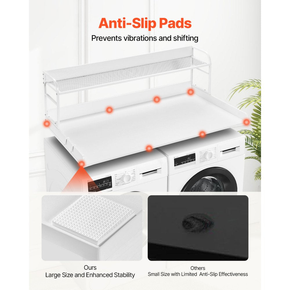 VEVOR Washer Dryer Countertop with 2-Tier Shelf, 54" x 27" Wooden Washer and Dryer Countertop with Anti-Slip Pads, Water-Resistant Laundry Topper Cover for Laundry Room Organization and Storage, White