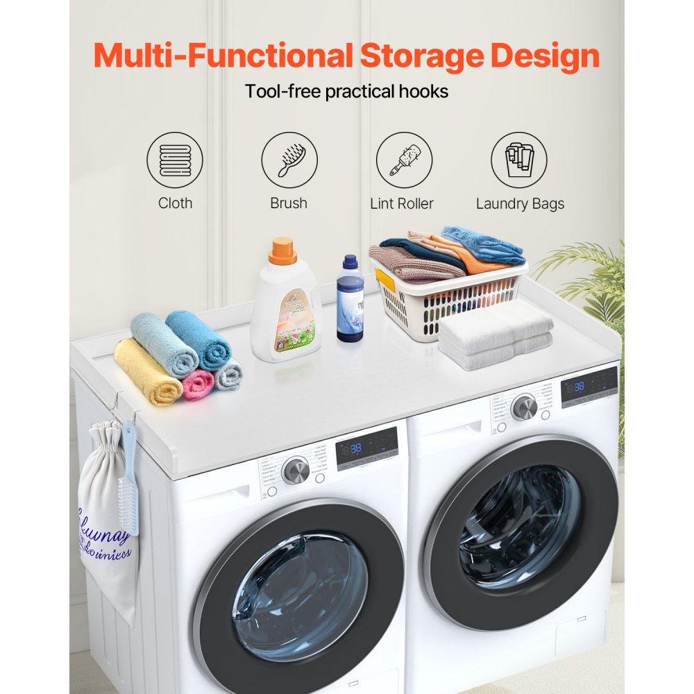 VEVOR Washer Dryer Countertop, 54" x 27" Wooden Washer and Dryer Countertop, Water-Resistant Laundry Machine Topper Cover with Anti-Slip Pads, for Laundry Room Organization and Storage, White