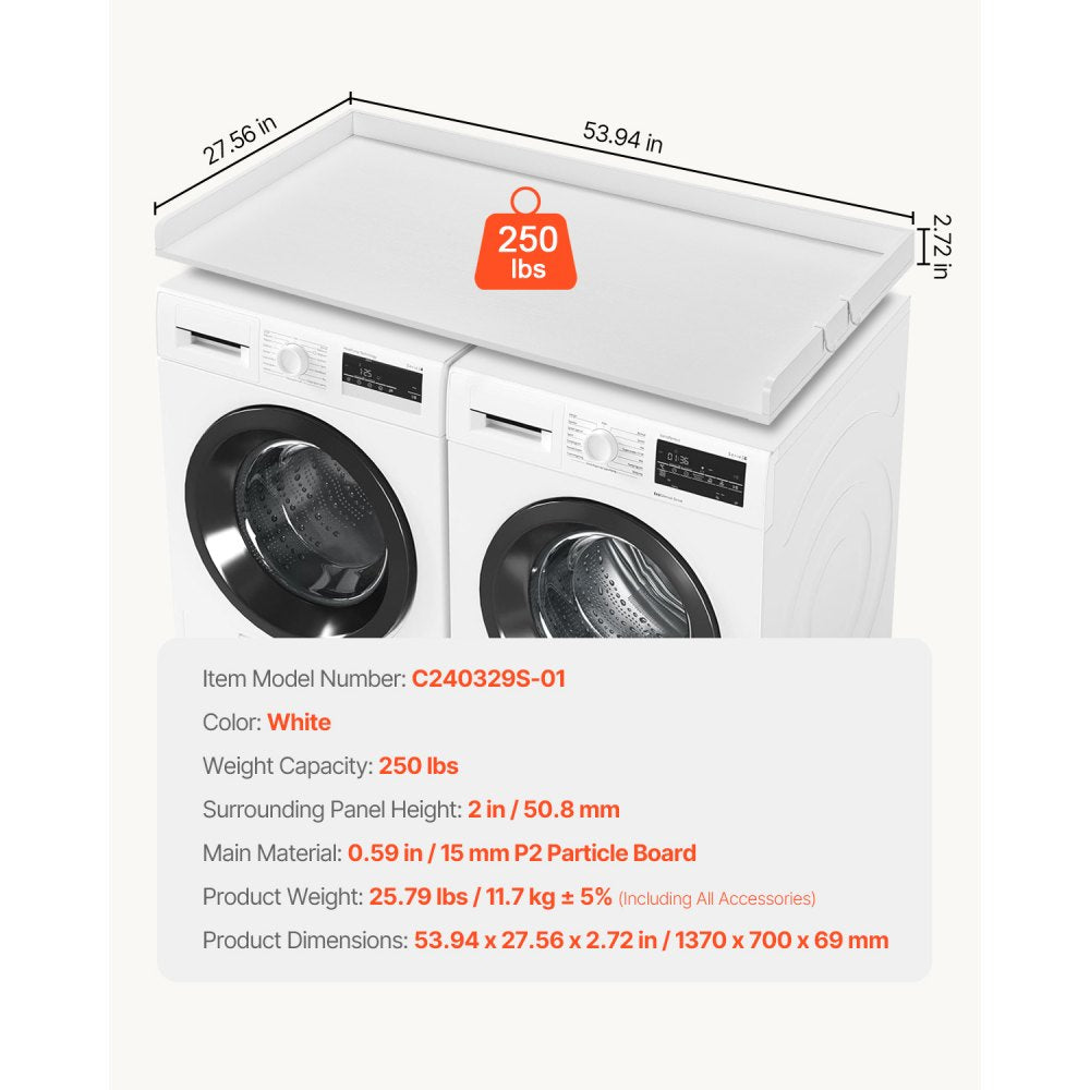 VEVOR Washer Dryer Countertop, 54" x 27" Wooden Washer and Dryer Countertop, Water-Resistant Laundry Machine Topper Cover with Anti-Slip Pads, for Laundry Room Organization and Storage, White