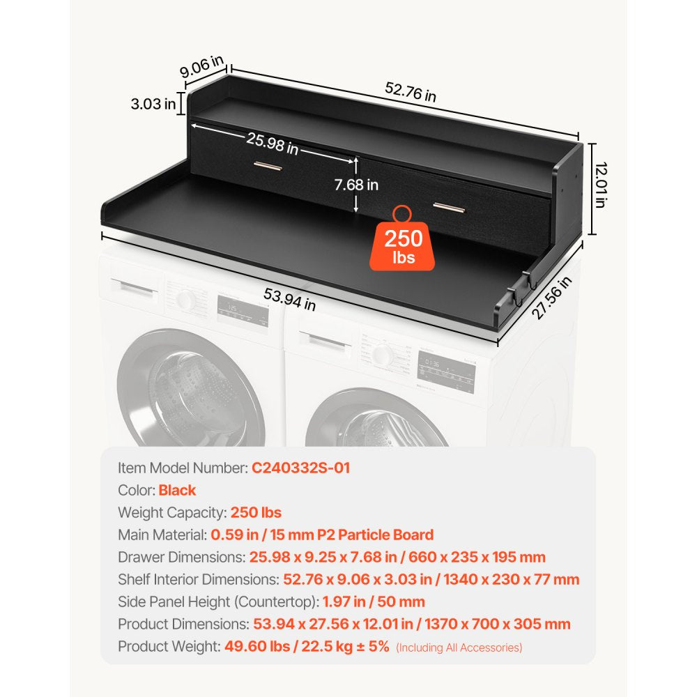 VEVOR 2 Drawers Washer Dryer Countertop with 2-Tier Shelf, 54" x 27" Wooden Washer and Dryer Countertop with Non-Slip Pads, Water-Resistant Laundry Topper for Laundry Room Organization, Black