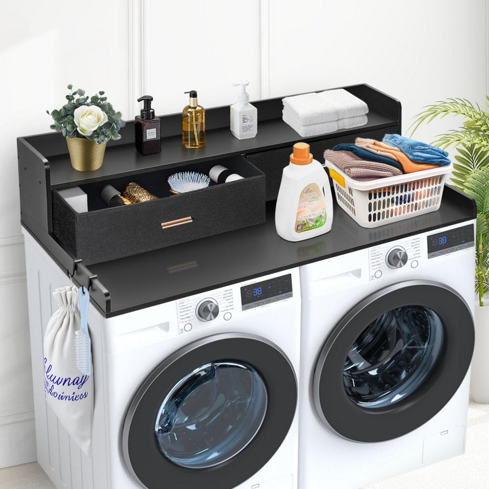 VEVOR 2 Drawers Washer Dryer Countertop with 2-Tier Shelf, 54" x 27" Wooden Washer and Dryer Countertop with Non-Slip Pads, Water-Resistant Laundry Topper for Laundry Room Organization, Black