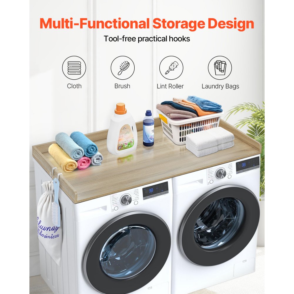 VEVOR Washer Dryer Countertop, 54" x 27" Wooden Washer and Dryer Countertop, Water-Resistant Laundry Machine Topper Cover with Anti-Slip Pads, for Laundry Room Organization and Storage, Oak
