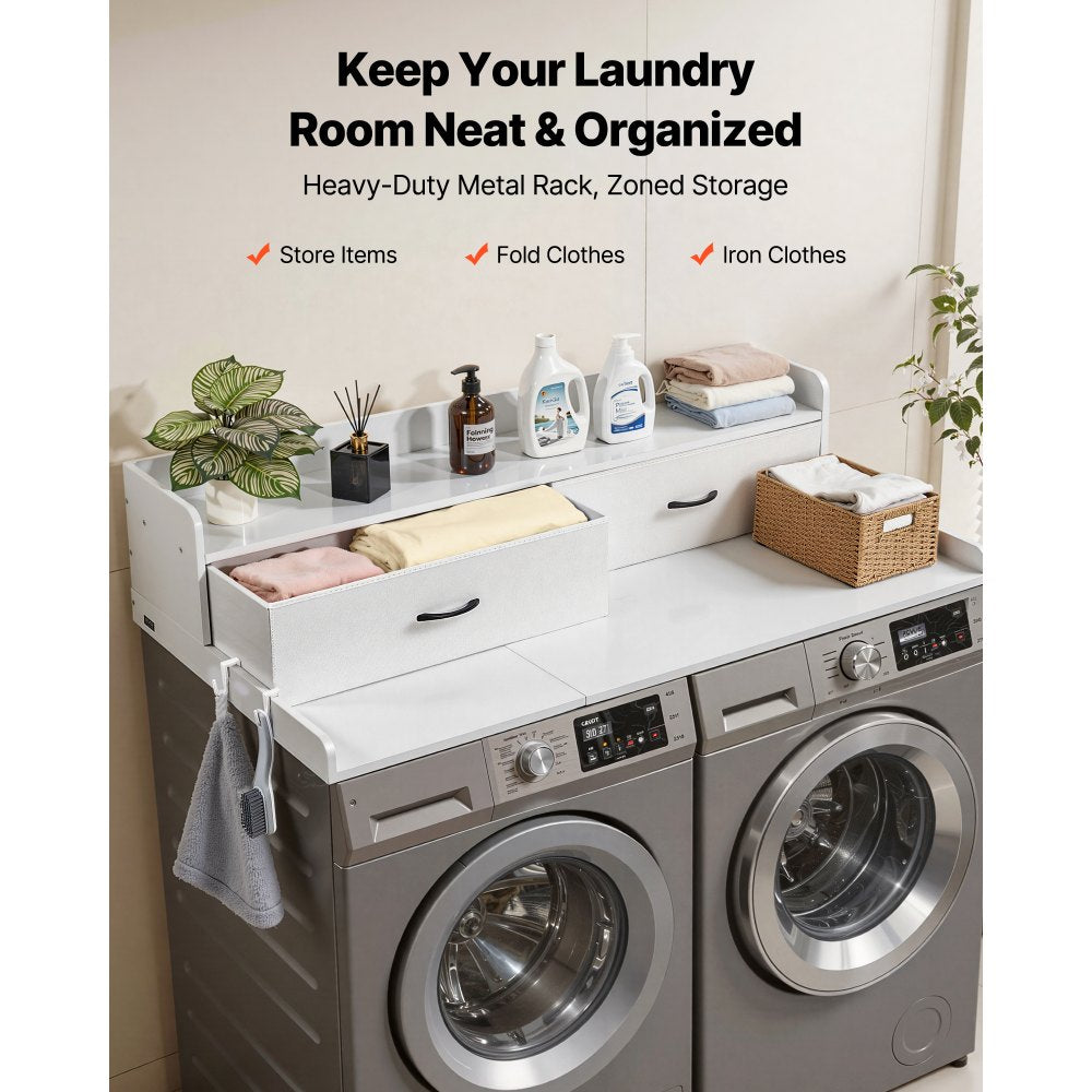 VEVOR Washer Dryer Countertop with Shelf, 54 x 27.5 in Wooden Washer and Dryer Topper with 2 Drawers & 2 Hooks, Laundry Machine Topper for Laundry Closet Pantry Counter Organization and Storage, White
