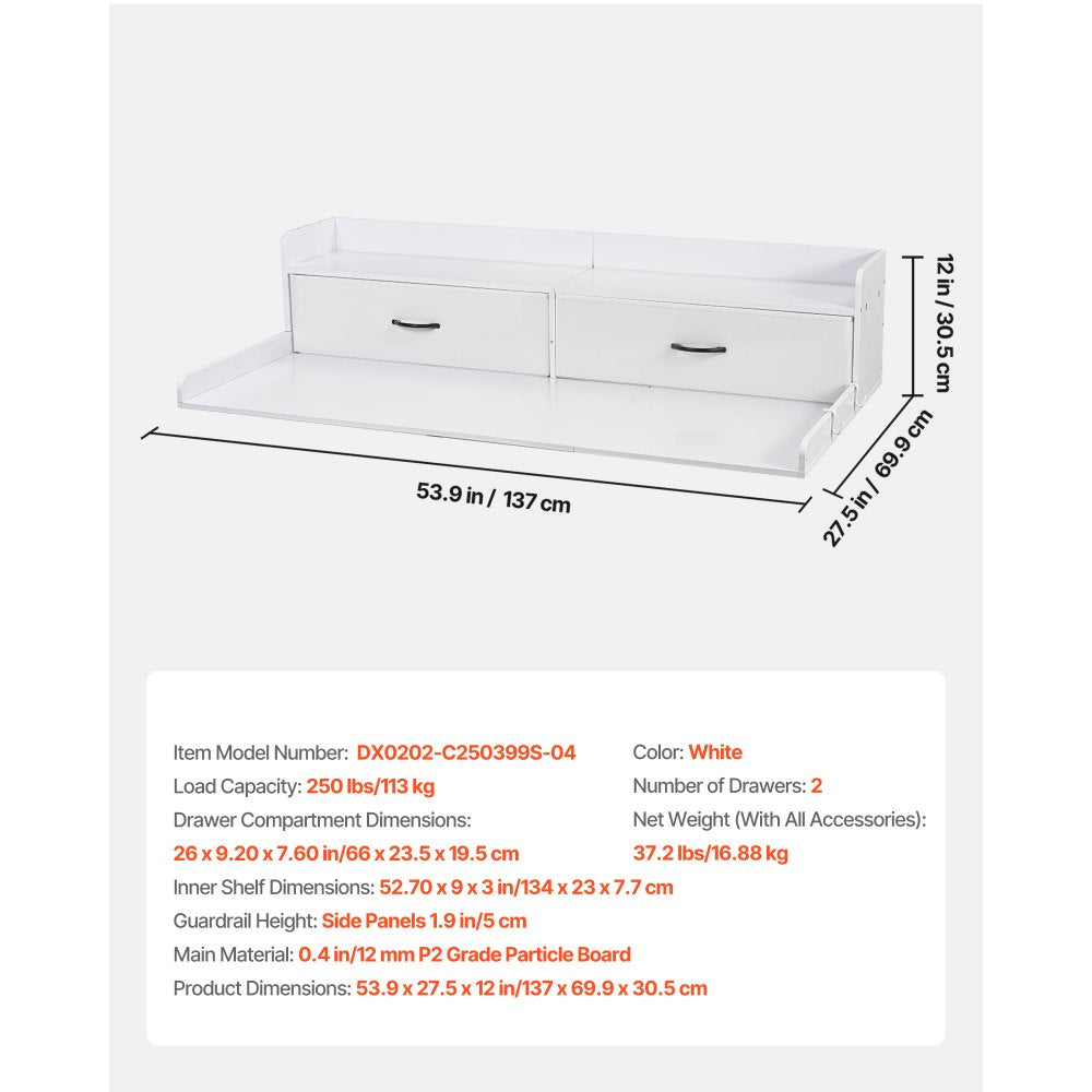 VEVOR Washer Dryer Countertop with Shelf, 54 x 27.5 in Wooden Washer and Dryer Topper with 2 Drawers & 2 Hooks, Laundry Machine Topper for Laundry Closet Pantry Counter Organization and Storage, White