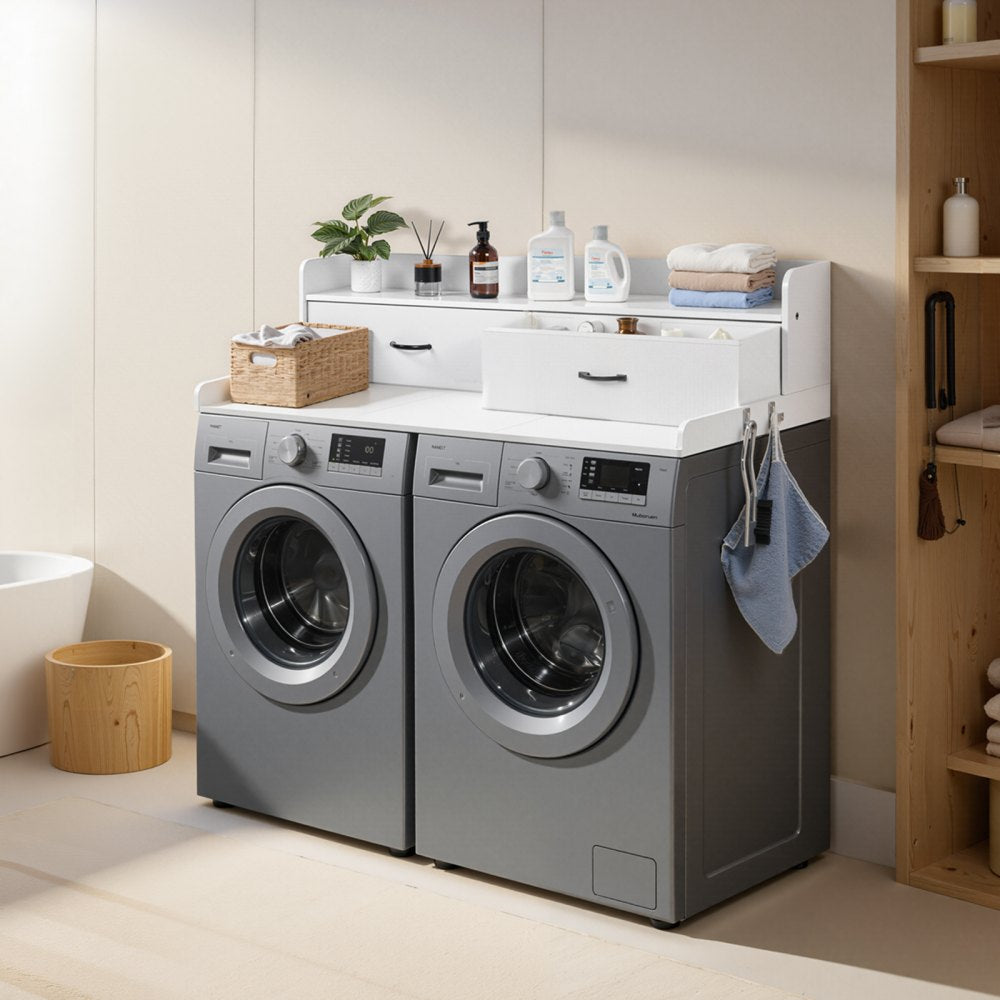 VEVOR Washer Dryer Countertop with Shelf, 54 x 27.5 in Wooden Washer and Dryer Topper with 2 Drawers & 2 Hooks, Laundry Machine Topper for Laundry Closet Pantry Counter Organization and Storage, White