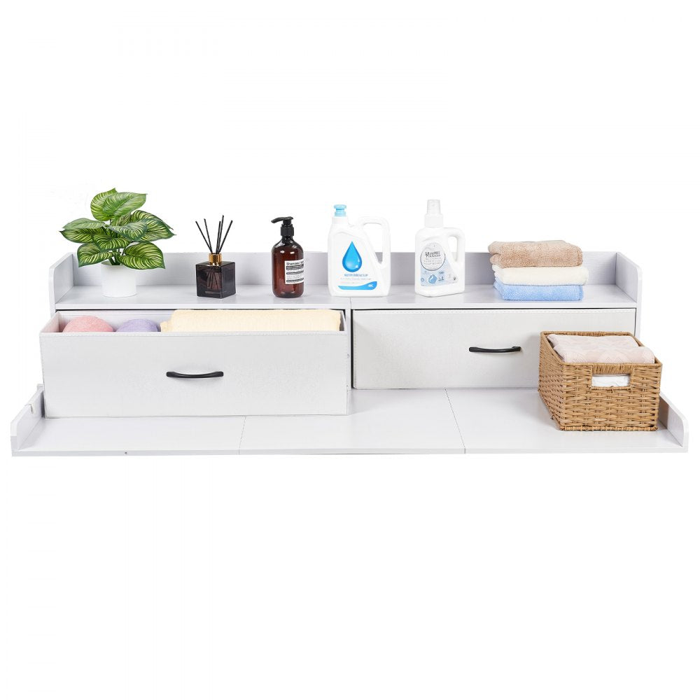 VEVOR Washer Dryer Countertop with Shelf, 54 x 27.5 in Wooden Washer and Dryer Topper with 2 Drawers & 2 Hooks, Laundry Machine Topper for Laundry Closet Pantry Counter Organization and Storage, White