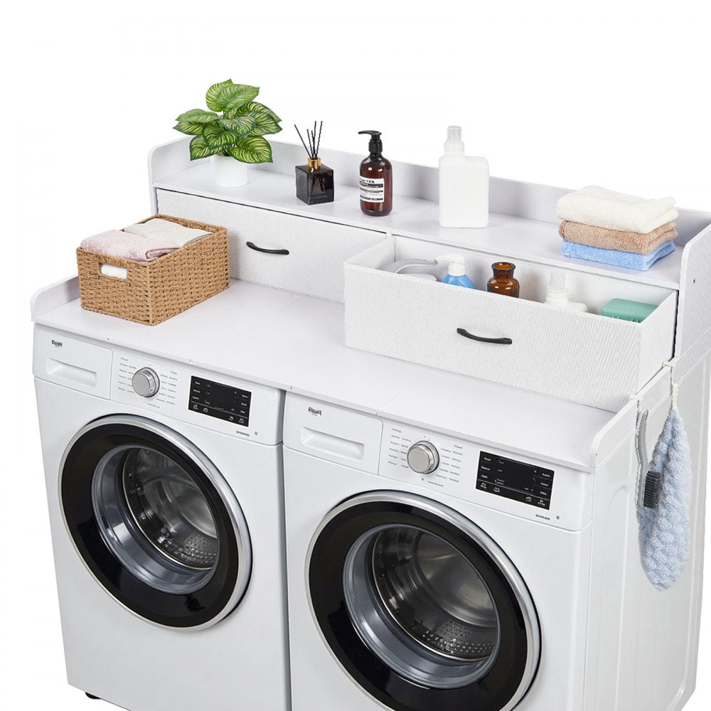 VEVOR Washer Dryer Countertop with Shelf, 54 x 27.5 in Wooden Washer and Dryer Topper with 2 Drawers & 2 Hooks, Laundry Machine Topper for Laundry Closet Pantry Counter Organization and Storage, White
