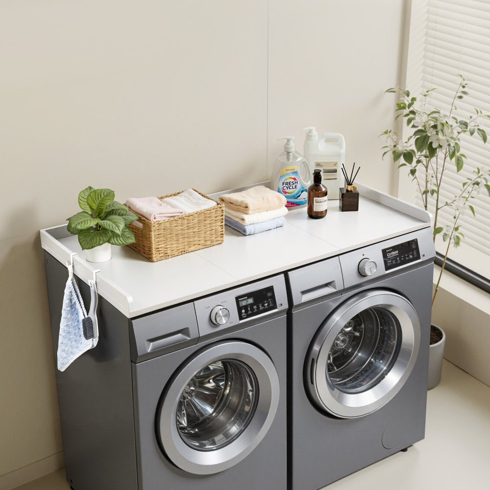 VEVOR Washer Dryer Countertop, 54 x 27.5 in Wooden Washer and Dryer Topper with Edge & 2 Hooks, Water-Resistant Laundry Machine Topper for Laundry Closet Pantry Counter Organization and Storage, White