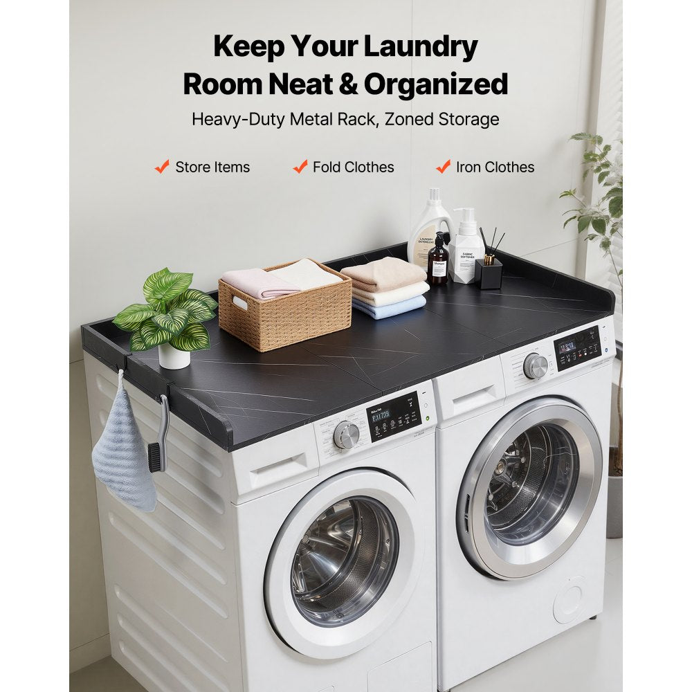 VEVOR Washer Dryer Countertop, 54 x 27.5 in Marble Washer and Dryer Topper with Edge & 2 Hooks, Water-Resistant Laundry Machine Topper for Laundry Closet Pantry Counter Organization and Storage, Black