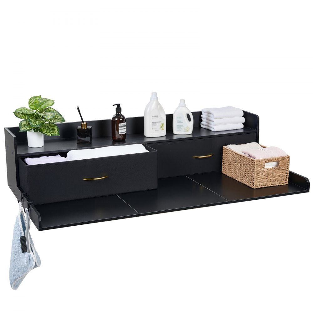 VEVOR Washer Dryer Countertop with Shelf, 54 x 27.5 in Wooden Washer and Dryer Topper with 2 Drawers & 2 Hooks, Laundry Machine Topper for Laundry Closet Pantry Counter Organization and Storage, Black