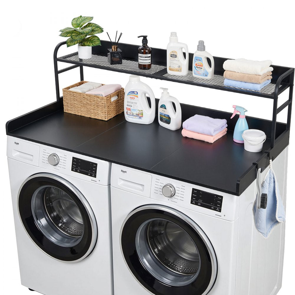 VEVOR Washer Dryer Countertop with Shelf, 54 x 27.5 in Wooden Washer and Dryer Topper with Edge and 2 Hooks, Laundry Machine Topper for Laundry Closet Pantry Counter Organization and Storage, Black