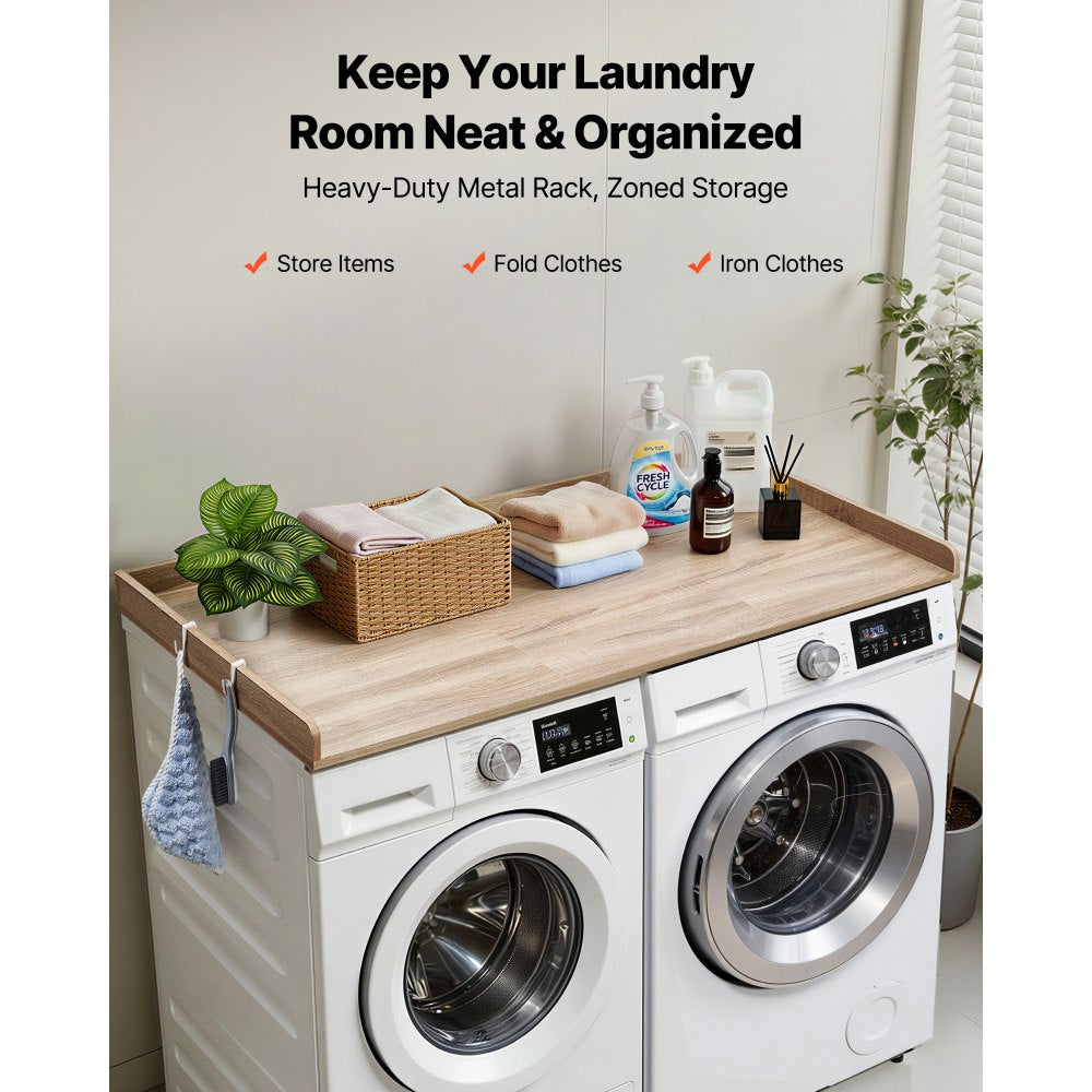 VEVOR Washer Dryer Countertop, 54 x 27.5 in Wooden Washer and Dryer Topper with Edge & 2 Hooks, Water-Resistant Laundry Machine Topper for Laundry Closet Pantry Counter Organization and Storage, Oak