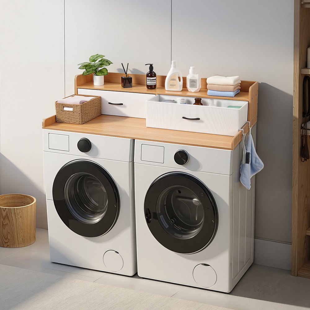 VEVOR Washer Dryer Countertop with Shelf, 54 x 27.5 in Wooden Washer and Dryer Topper with 2 Drawers & 2 Hooks, Laundry Machine Topper for Laundry Closet Pantry Counter Organization and Storage, Burlywood