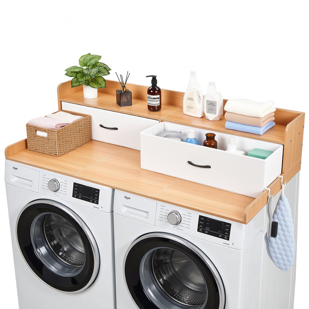 VEVOR Washer Dryer Countertop with Shelf, 54 x 27.5 in Wooden Washer and Dryer Topper with 2 Drawers & 2 Hooks, Laundry Machine Topper for Laundry Closet Pantry Counter Organization and Storage, Burlywood