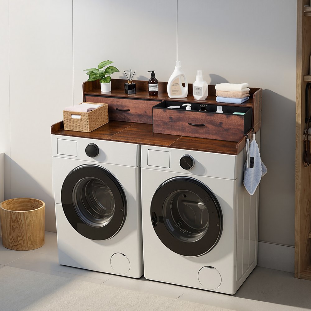 VEVOR Washer Dryer Countertop with Shelf, 54 x 27.5 in Wooden Washer and Dryer Topper with 2 Drawers & 2 Hooks, Laundry Machine Topper for Laundry Closet Pantry Counter Organization and Storage, Brown