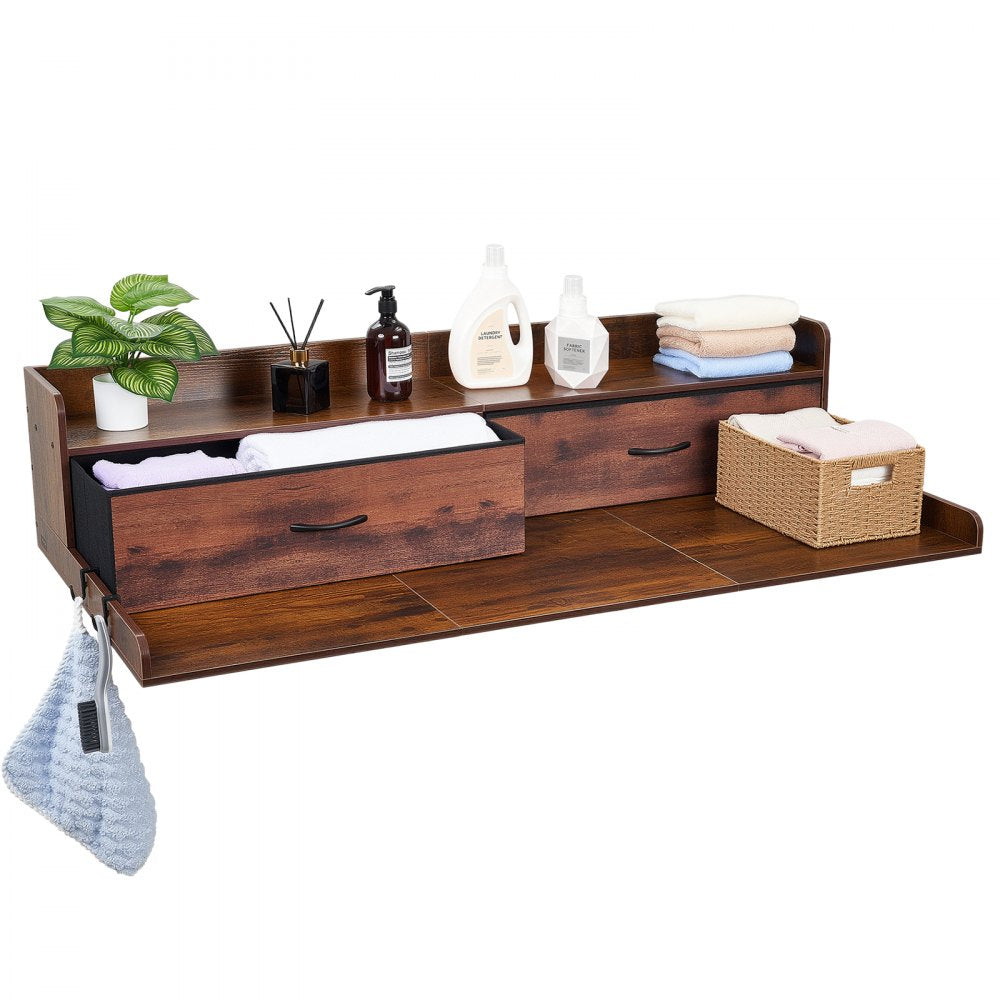 VEVOR Washer Dryer Countertop with Shelf, 54 x 27.5 in Wooden Washer and Dryer Topper with 2 Drawers & 2 Hooks, Laundry Machine Topper for Laundry Closet Pantry Counter Organization and Storage, Brown