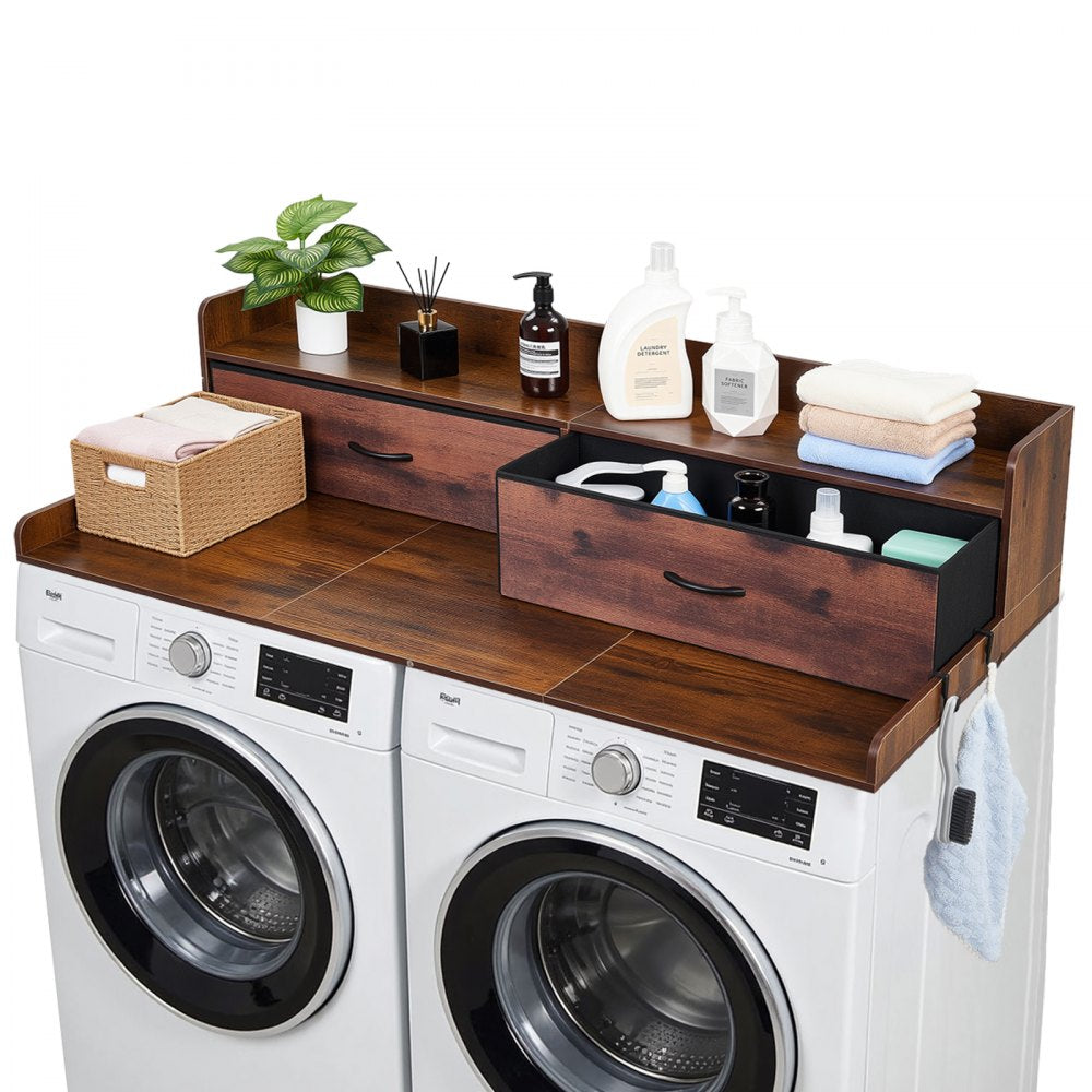 VEVOR Washer Dryer Countertop with Shelf, 54 x 27.5 in Wooden Washer and Dryer Topper with 2 Drawers & 2 Hooks, Laundry Machine Topper for Laundry Closet Pantry Counter Organization and Storage, Brown