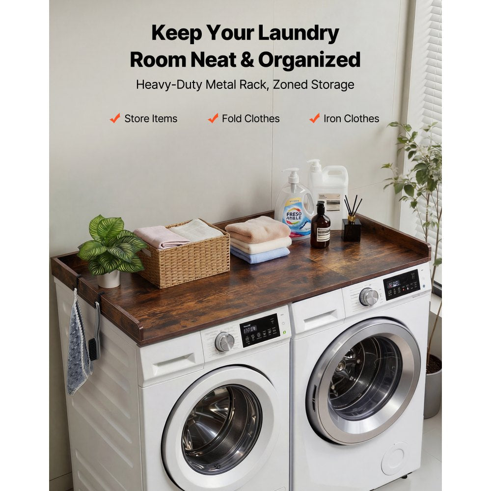VEVOR Washer Dryer Countertop, 54 x 27.5 in Wooden Washer and Dryer Topper with Edge & 2 Hooks, Water-Resistant Laundry Machine Topper for Laundry Closet Pantry Counter Organization and Storage, Brown