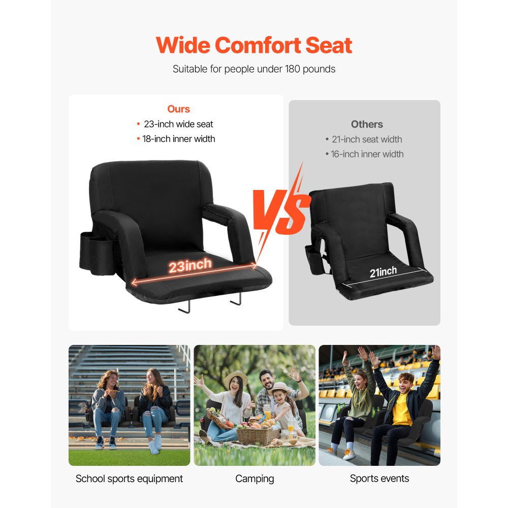VEVOR Stadium Seat with Back Support, Wide Bleacher Seat Back, Folding Padded Cushion Stadium Chair, Portable Reclining Chair with Hook Pocket Cupholder, Ideal for Sport Event Beach Camping Concert
