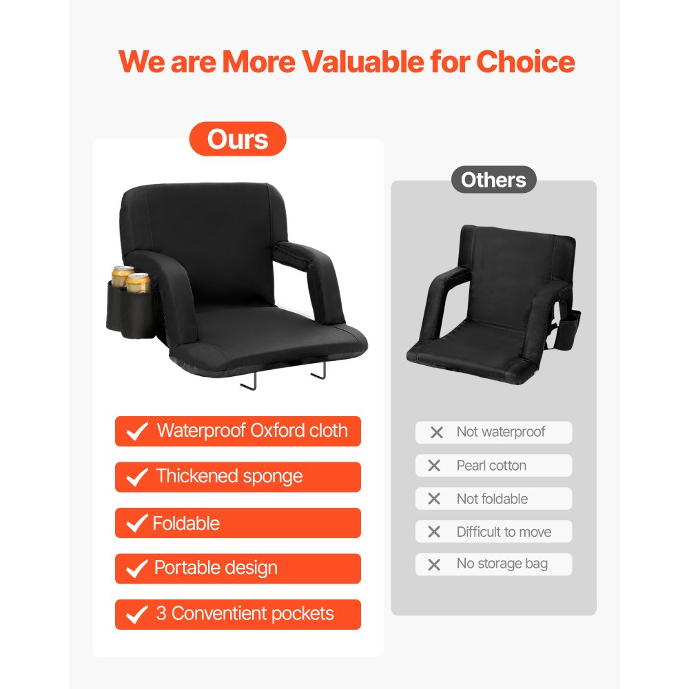 VEVOR Stadium Seat with Back Support, Wide Bleacher Seat Back, Folding Padded Cushion Stadium Chair, Portable Reclining Chair with Hook Pocket Cupholder, Ideal for Sport Event Beach Camping Concert