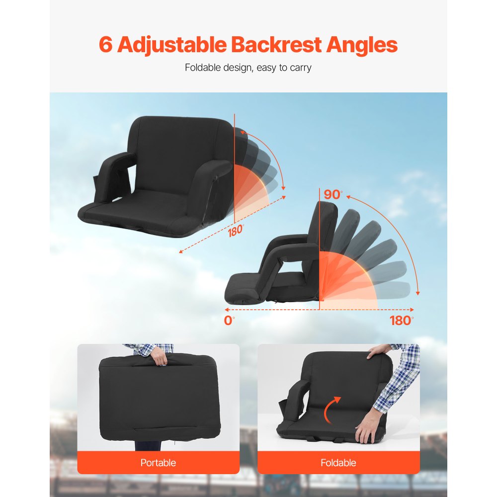 VEVOR Stadium Seat with Back Support, Wide Bleacher Seat Back, Folding Padded Cushion Stadium Chair, Portable Reclining Chair with Hook Pocket Cupholder, Ideal for Sport Event Beach Camping Concert