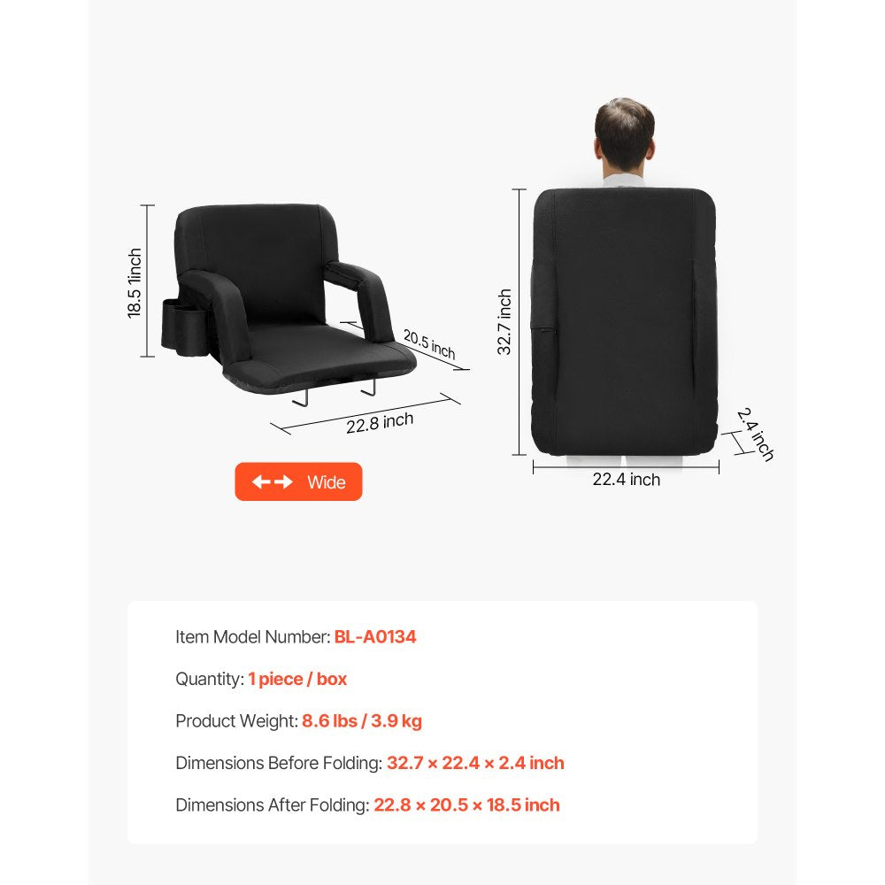 VEVOR Stadium Seat with Back Support, Wide Bleacher Seat Back, Folding Padded Cushion Stadium Chair, Portable Reclining Chair with Hook Pocket Cupholder, Ideal for Sport Event Beach Camping Concert