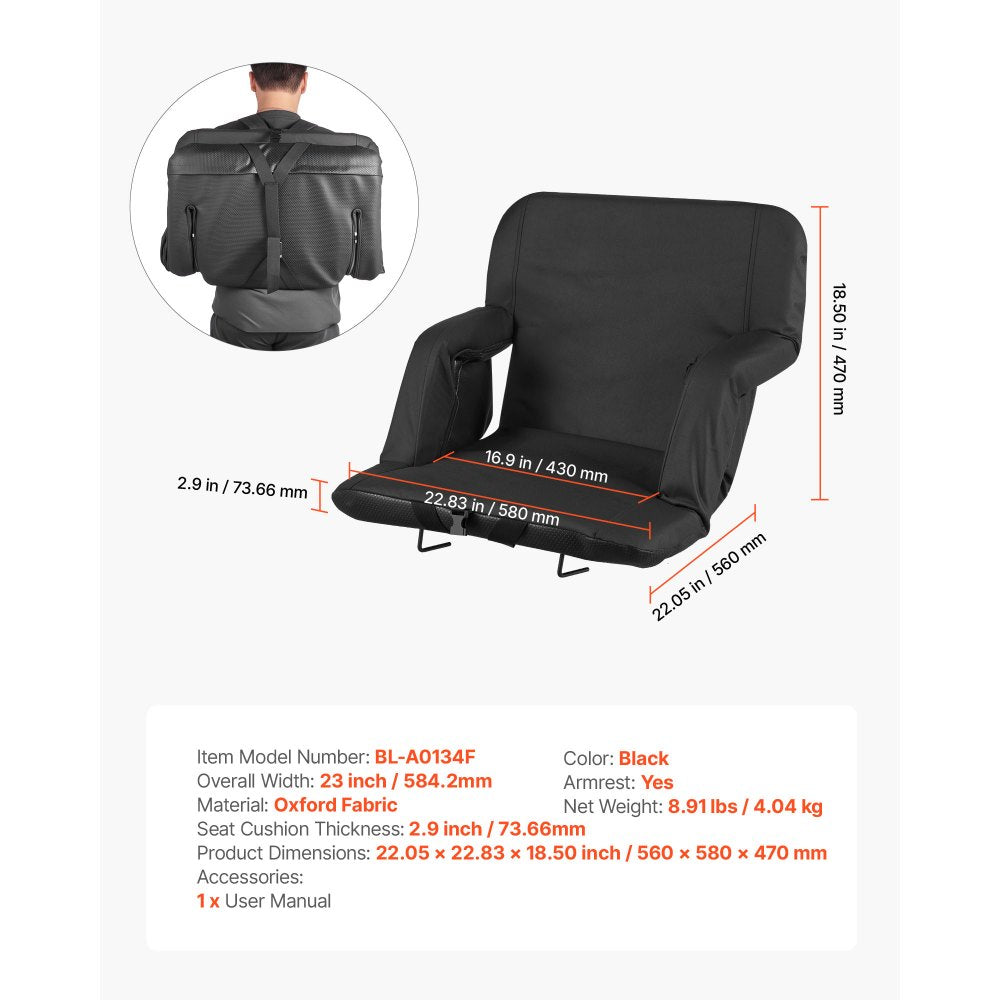 VEVOR Stadium Seat, 6 Adjustable Angle Bleacher Chair, 2.9'' Cushion Stadium Seat with Back Support and Armrest, Wide Bleacher Chair with Hook Pocket Cupholder for Picnics, Beach Sports, and Gaming