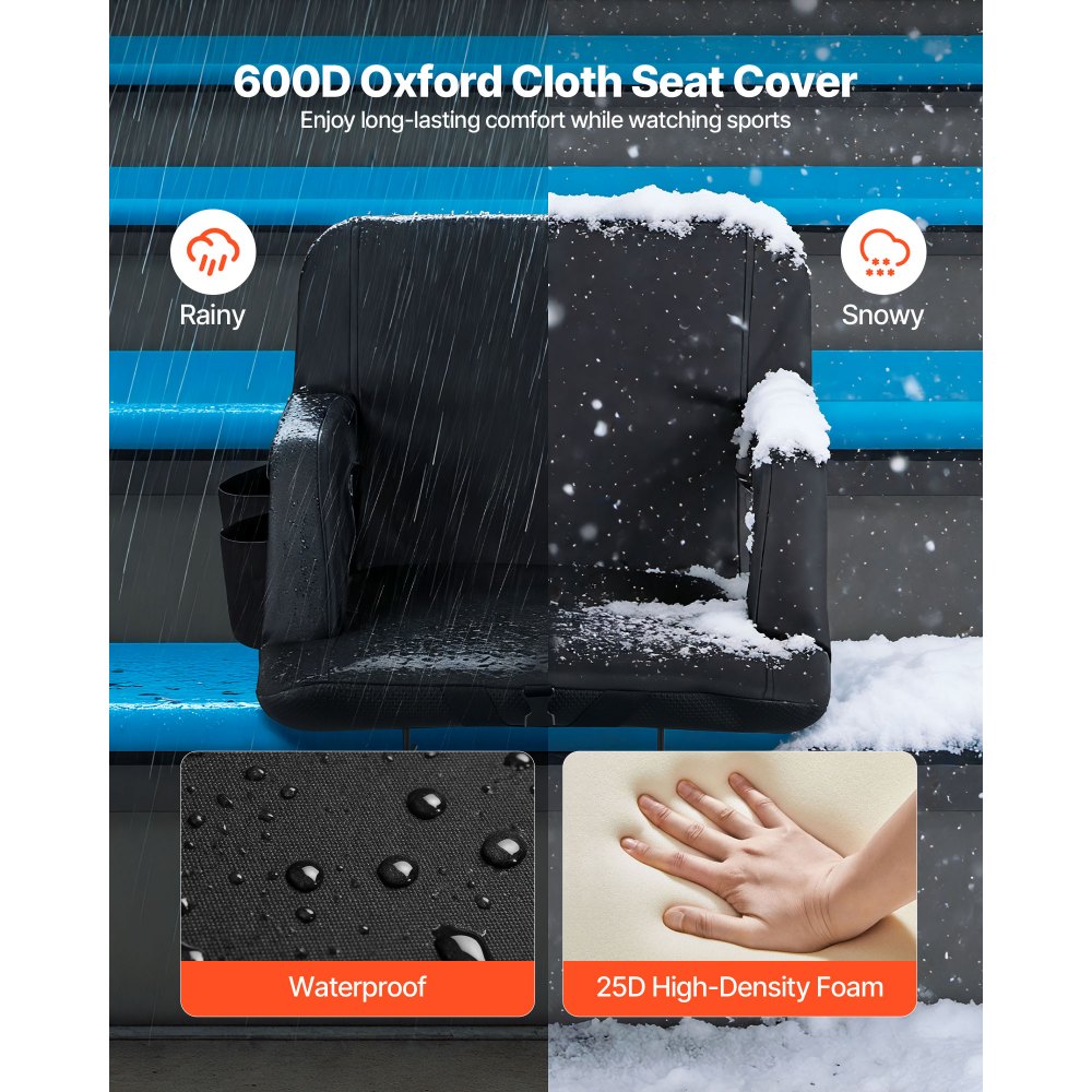 VEVOR Stadium Seat, 6 Adjustable Angle Bleacher Chair, 2.75'' Cushion Stadium Seat with Back Support and Armrest, Wide Bleacher Chair with Hook Pocket Cupholder for Picnics, Beach Sports, and Gaming