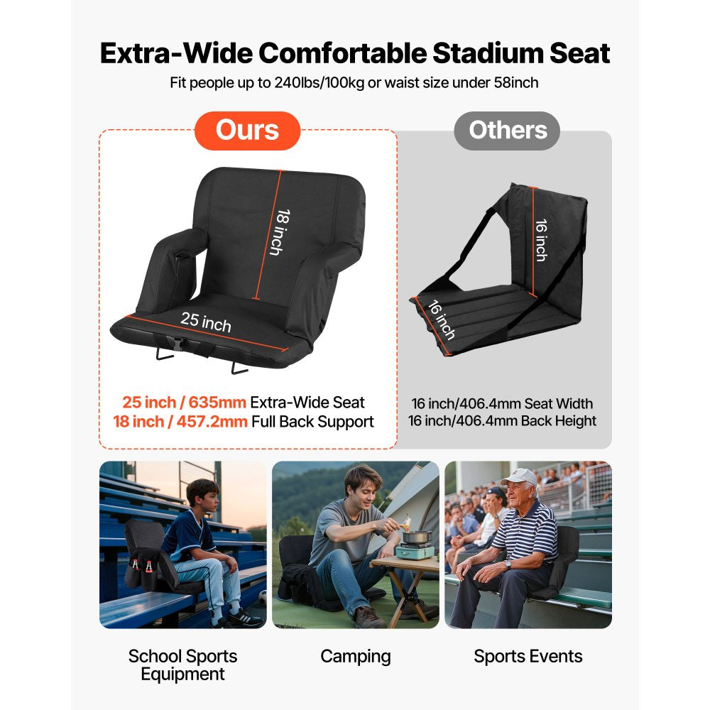 VEVOR Stadium Seat, 6 Adjustable Angle Bleacher Chair, 2.75'' Cushion Stadium Seat with Back Support and Armrest, Wide Bleacher Chair with Hook Pocket Cupholder for Picnics, Beach Sports, and Gaming