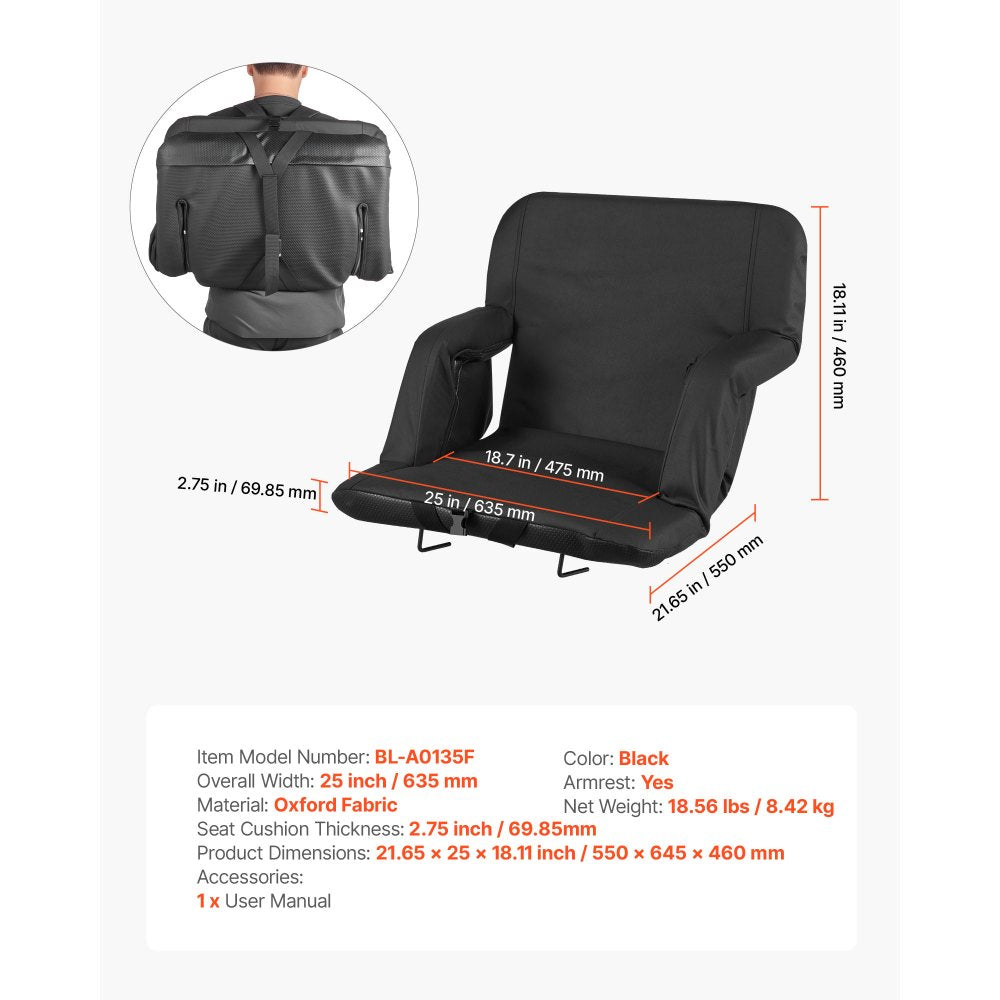 VEVOR Stadium Seat, 6 Adjustable Angle Bleacher Chair, 2.75'' Cushion Stadium Seat with Back Support and Armrest, Wide Bleacher Chair with Hook Pocket Cupholder for Picnics, Beach Sports, and Gaming