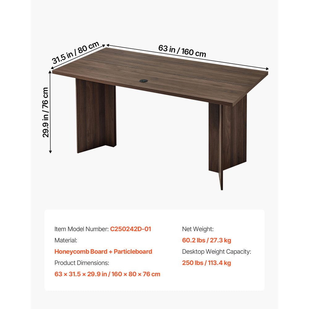 VEVOR 63 in Executive Desk, Large Modern Rectangle Office Table, Heavy Duty Wooden Executive Table with Cable Connection Hole, 250 LBS Load Capacity, Easy Assembly, for Work Study Writing, Walnut