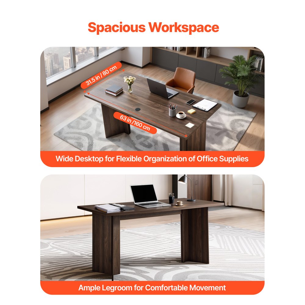 VEVOR 63 in Executive Desk, Large Modern Rectangle Office Table, Heavy Duty Wooden Executive Table with Cable Connection Hole, 250 LBS Load Capacity, Easy Assembly, for Work Study Writing, Walnut