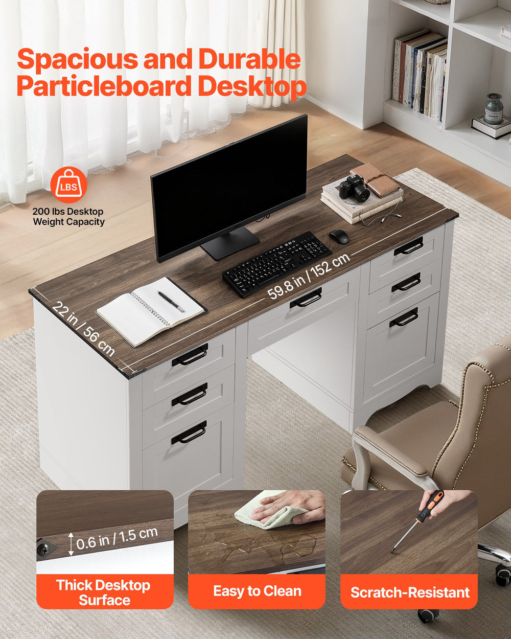 VEVOR Executive Desk farmhouse office table with charging station walnut - image 6