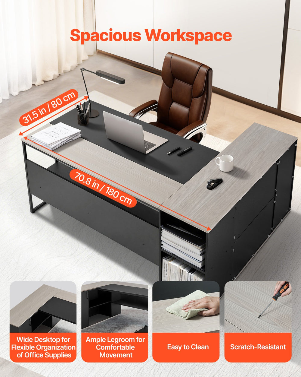 VEVOR L-Shaped Executive Desk - spacious workspace and surface features (graphic)
