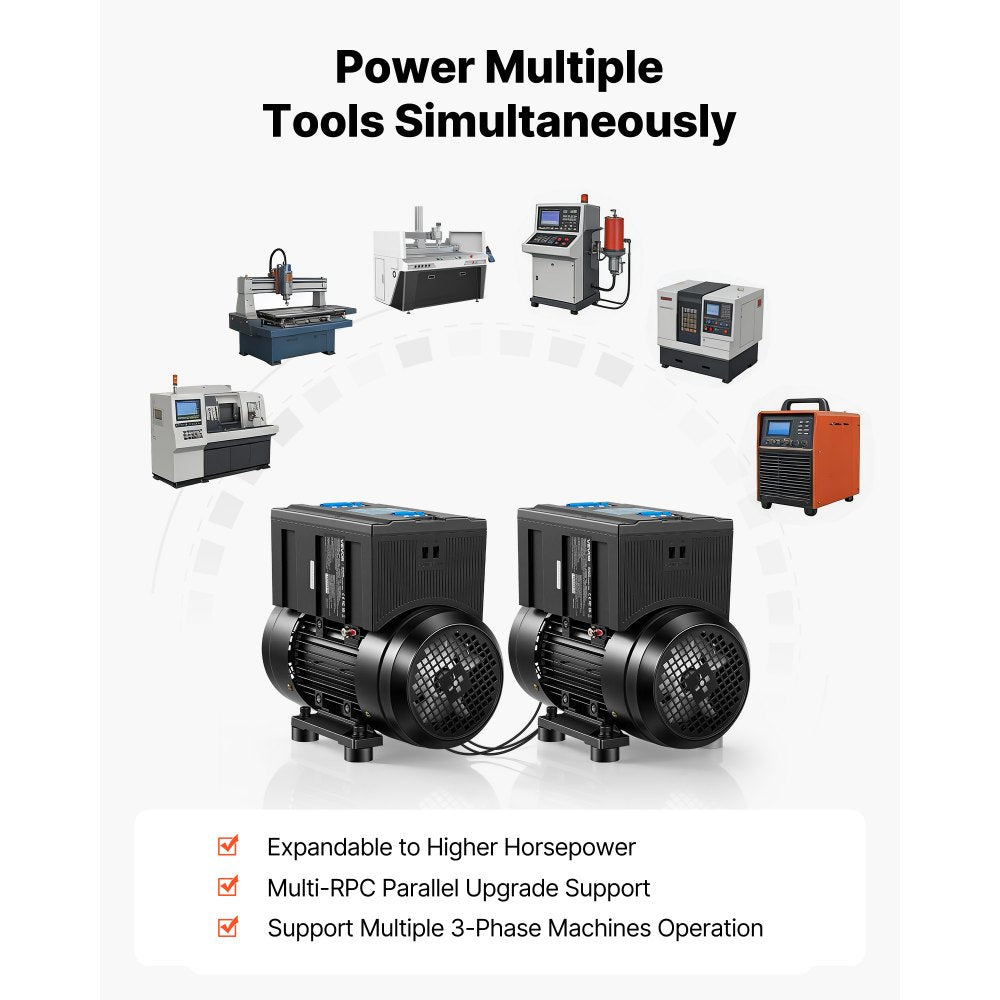 VEVOR Single Phase to 3-Phase Rotary Converter, 5HP 14A 208-240V Input/Output Rotary Phase Converter - Expandable to Higher Horsepower for Heavy-Load Equipment