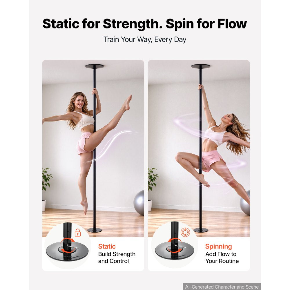 VEVOR Professional Dance Pole, Portable Dancing Poles, 83-110 in, Black, Removable Exercise Dancing Poles for Fitness, Adjustable Height, 45 mm Heavy-Duty Steel, Spinning & Static, 440 lb Capacity