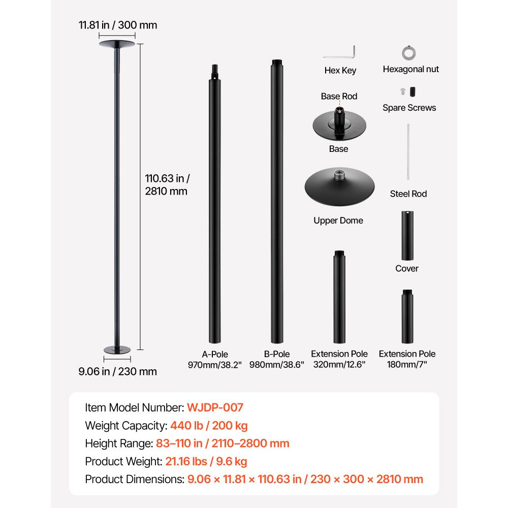 VEVOR Professional Dance Pole, Portable Dancing Poles, 83-110 in, Black, Removable Exercise Dancing Poles for Fitness, Adjustable Height, 45 mm Heavy-Duty Steel, Spinning & Static, 440 lb Capacity