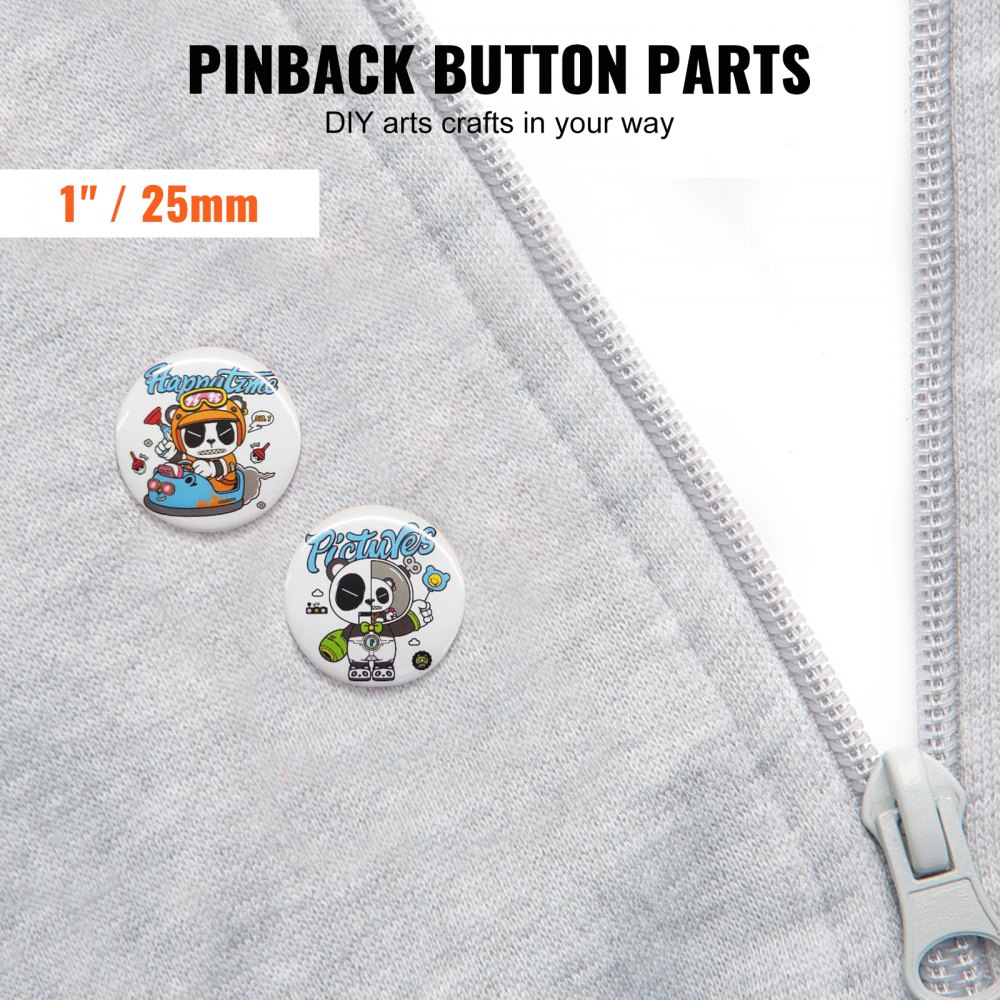 VEVOR 500 Sets 1 inch 25mm Pin Back Button Parts, DIY Round Button Badge Parts, Set Includes Metal Top, Plastic/Metal Button, Clear Film, and Blank Paper For Gifts Presents, Machine NOT Included