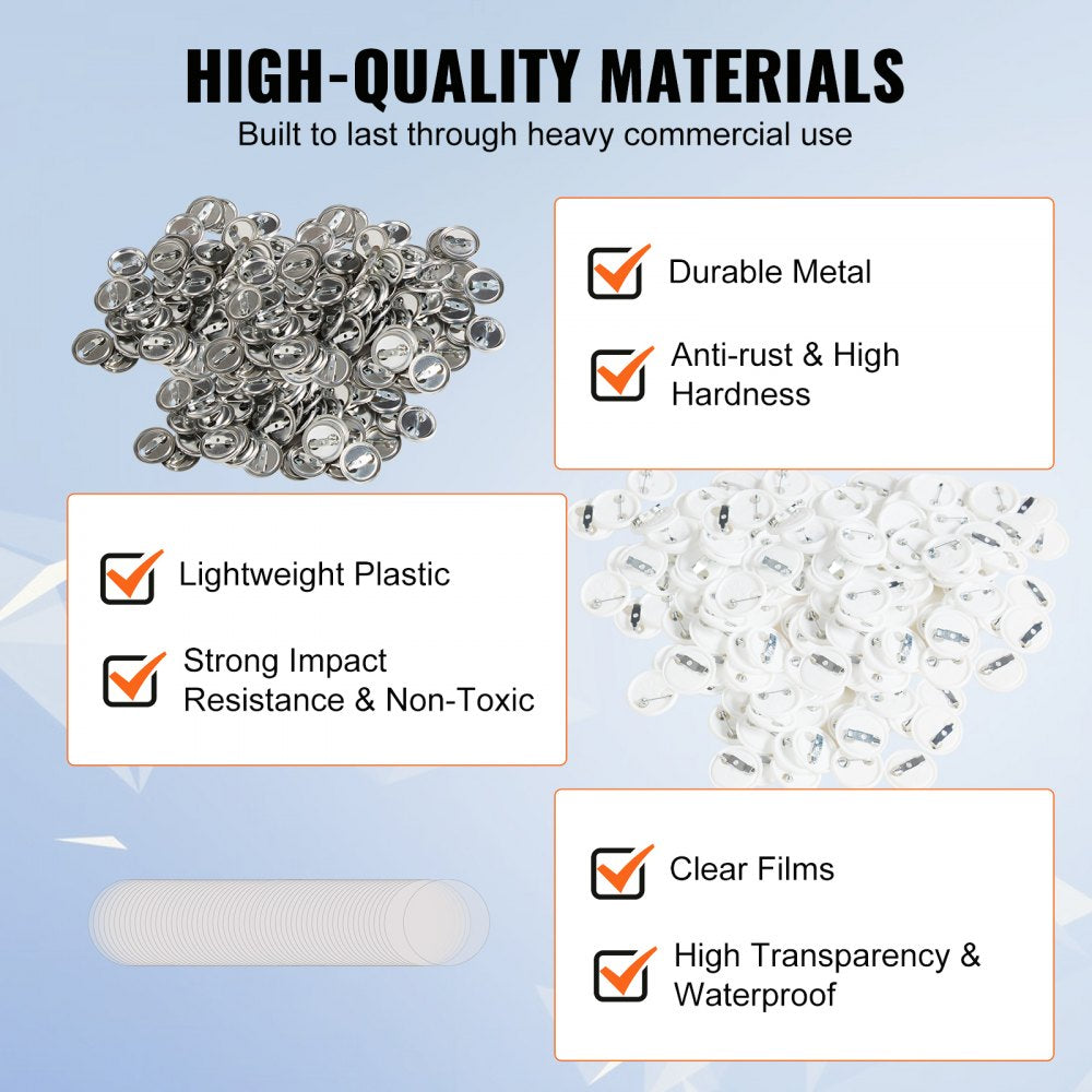 VEVOR 500 Sets 1 inch 25mm Pin Back Button Parts, DIY Round Button Badge Parts, Set Includes Metal Top, Plastic/Metal Button, Clear Film, and Blank Paper For Gifts Presents, Machine NOT Included