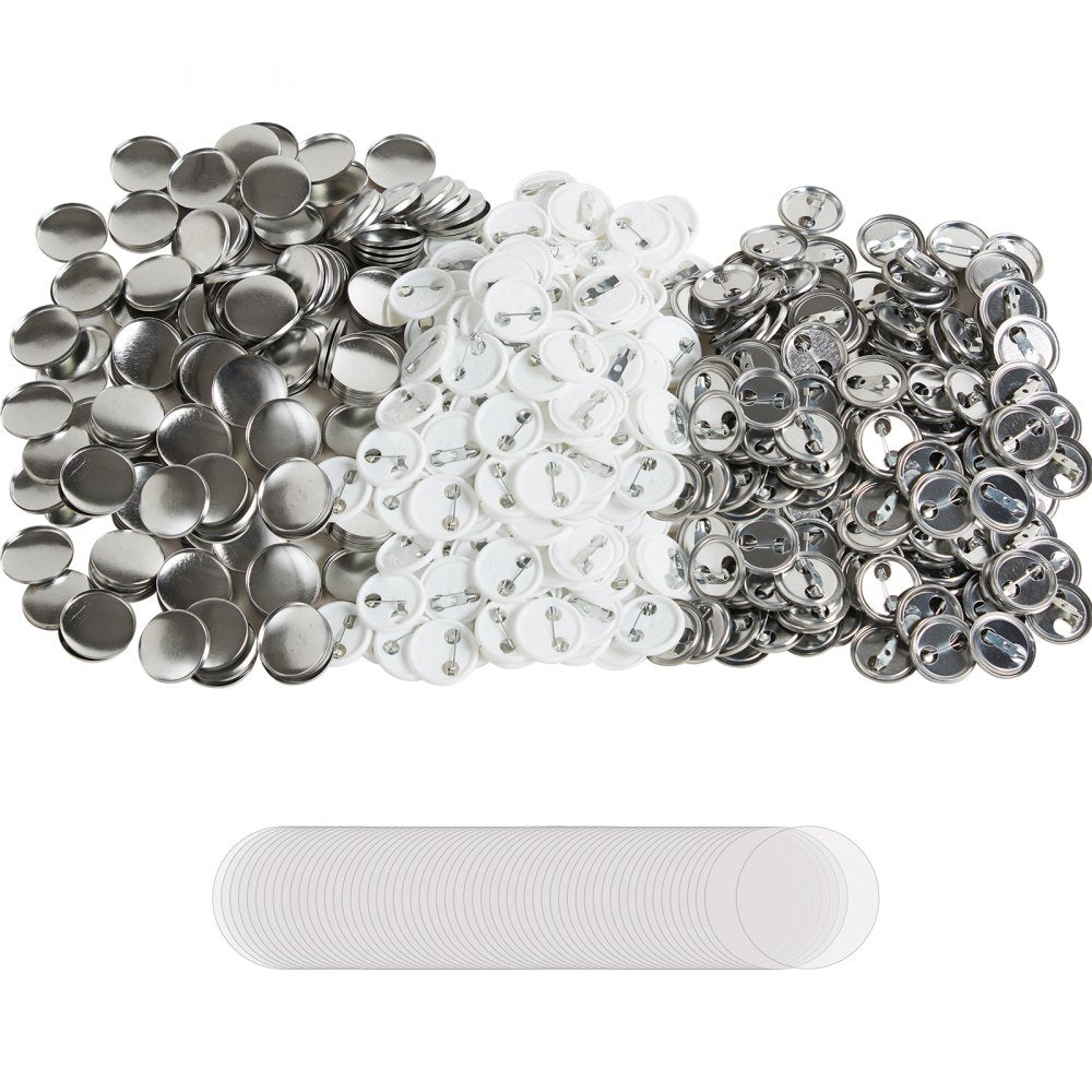 VEVOR 500 Sets 1 inch 25mm Pin Back Button Parts, DIY Round Button Badge Parts, Set Includes Metal Top, Plastic/Metal Button, Clear Film, and Blank Paper For Gifts Presents, Machine NOT Included