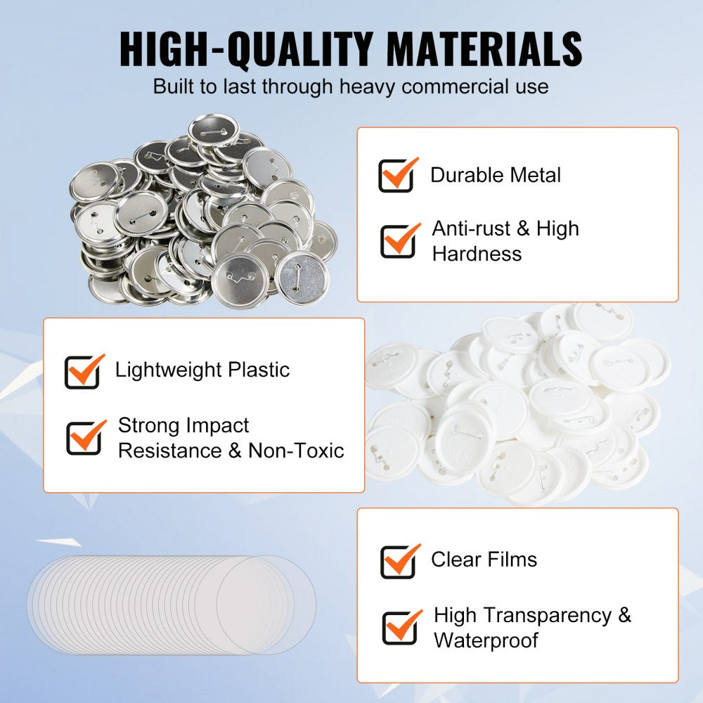 VEVOR 500 Sets 2.25 inch 58mm Pin Back Button Parts, DIY Round Button Badge Parts, Set Includes Metal Top, Plastic/Metal Button, Clear Film, and Blank Paper For Gifts Presents, Machine NOT Included