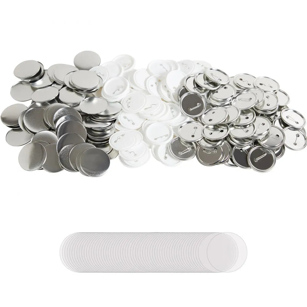 VEVOR 500 Sets 2.25 inch 58mm Pin Back Button Parts, DIY Round Button Badge Parts, Set Includes Metal Top, Plastic/Metal Button, Clear Film, and Blank Paper For Gifts Presents, Machine NOT Included