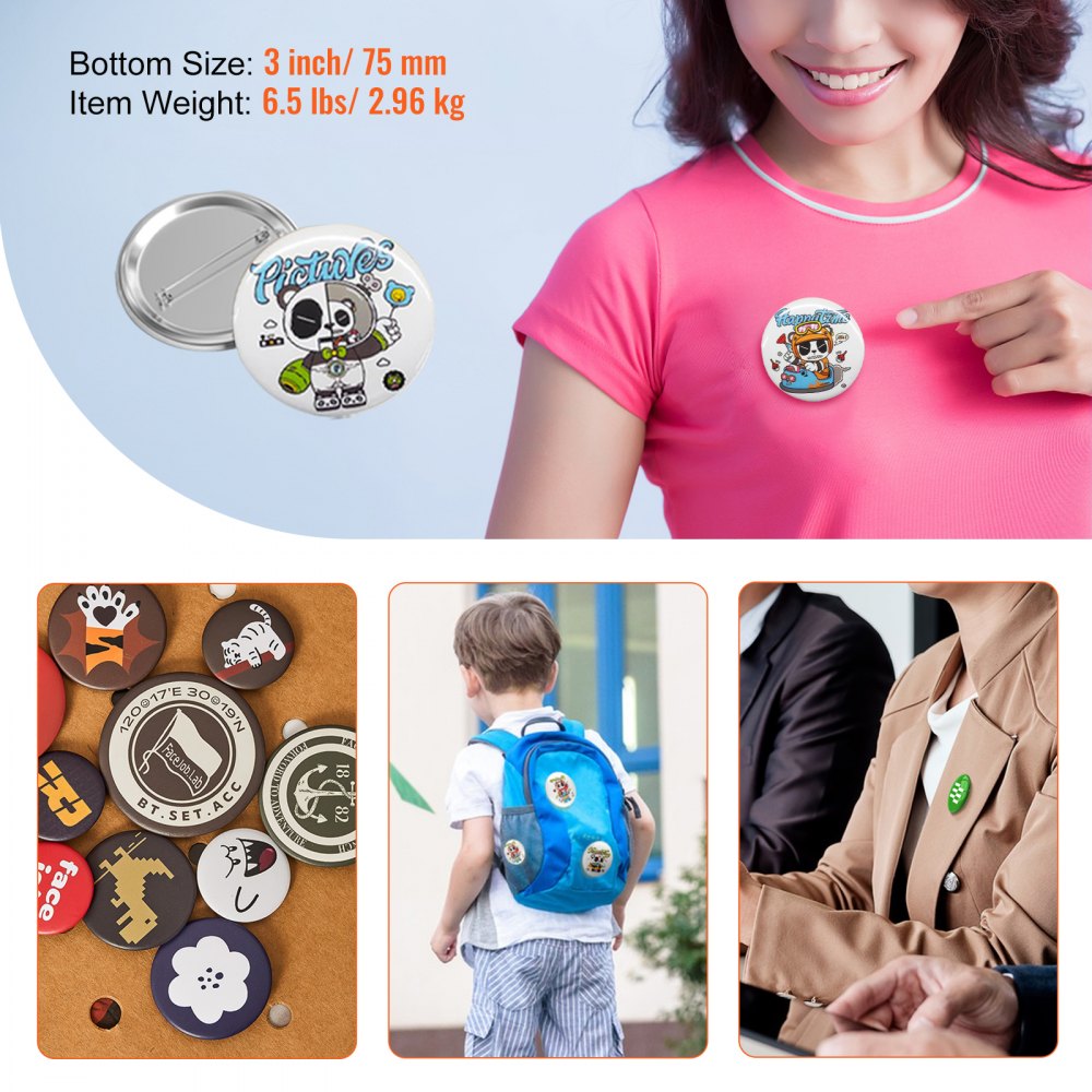 VEVOR 200 Sets 3 inch 75mm Pin Back Button Parts, DIY Round Button Badge Parts, Set Includes Metal Top, Plastic/Metal Button, Clear Film, and Blank Paper For Gifts Presents, Machine NOT Included
