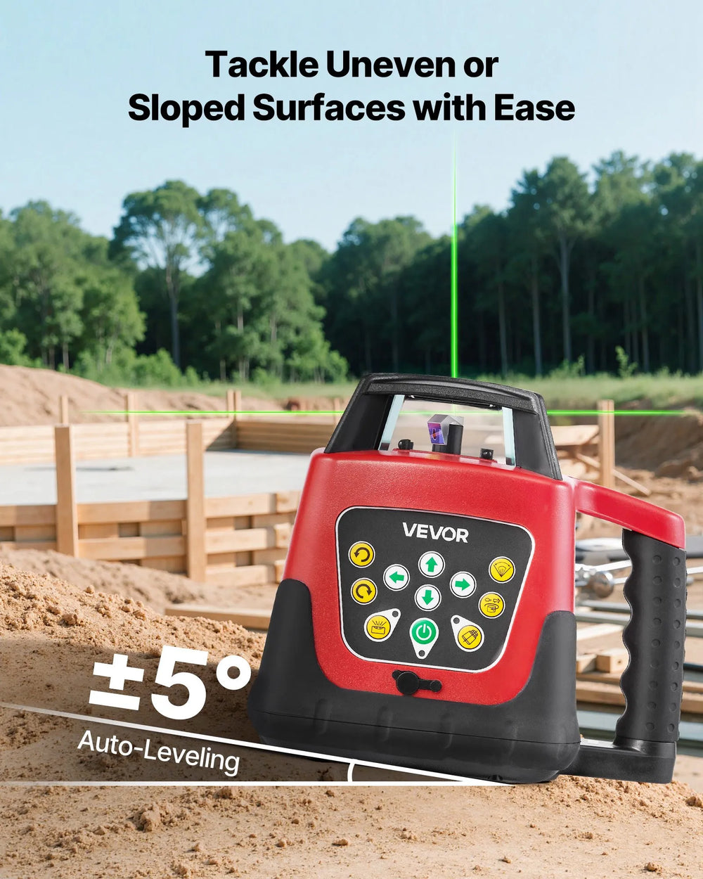 VEVOR rotary laser level with ±5° auto-leveling highlight