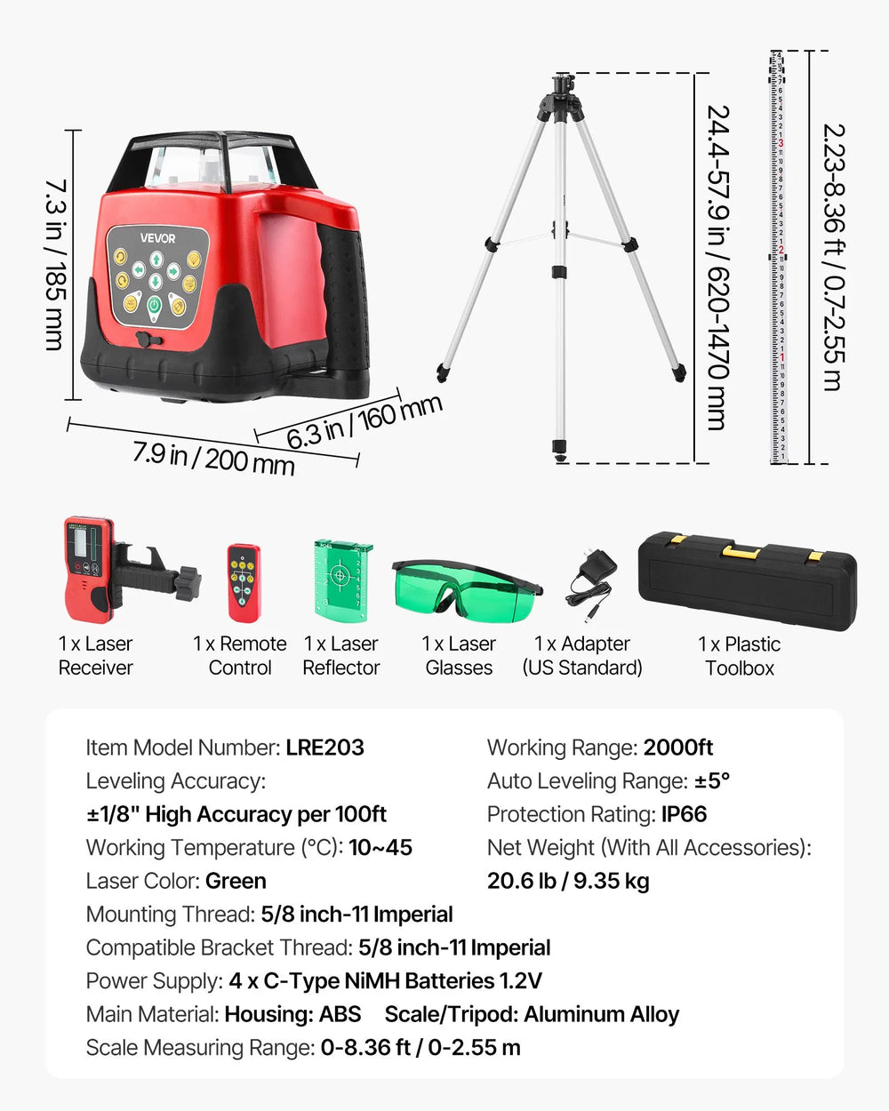 VEVOR rotary laser kit dimensions and included accessories overview