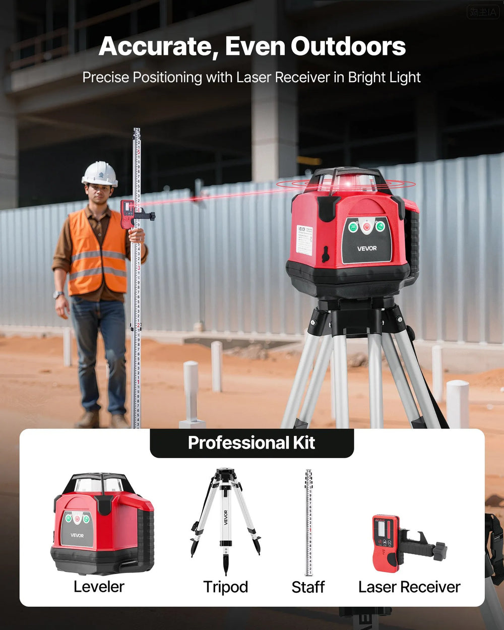 VEVOR rotary laser level kit overview - Accurate, even outdoors - Professional kit contents