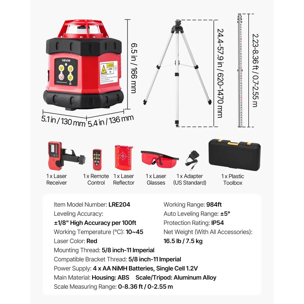 Kit dimensions and included accessories overview (laser size, tripod height range, scale range)